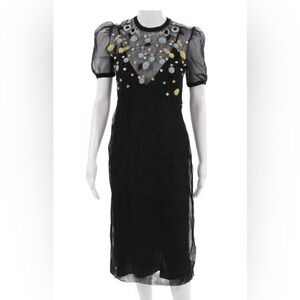 Miu Miu Women Black Floral Sheath Dress Short Sleeve Crew Neck Viscose Size 40